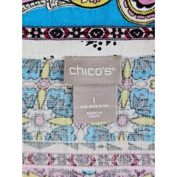 Chicos Patchwork Open-Front Linen Jacket Duster Cardigan Size 1 Medium - Picture 2 of 5